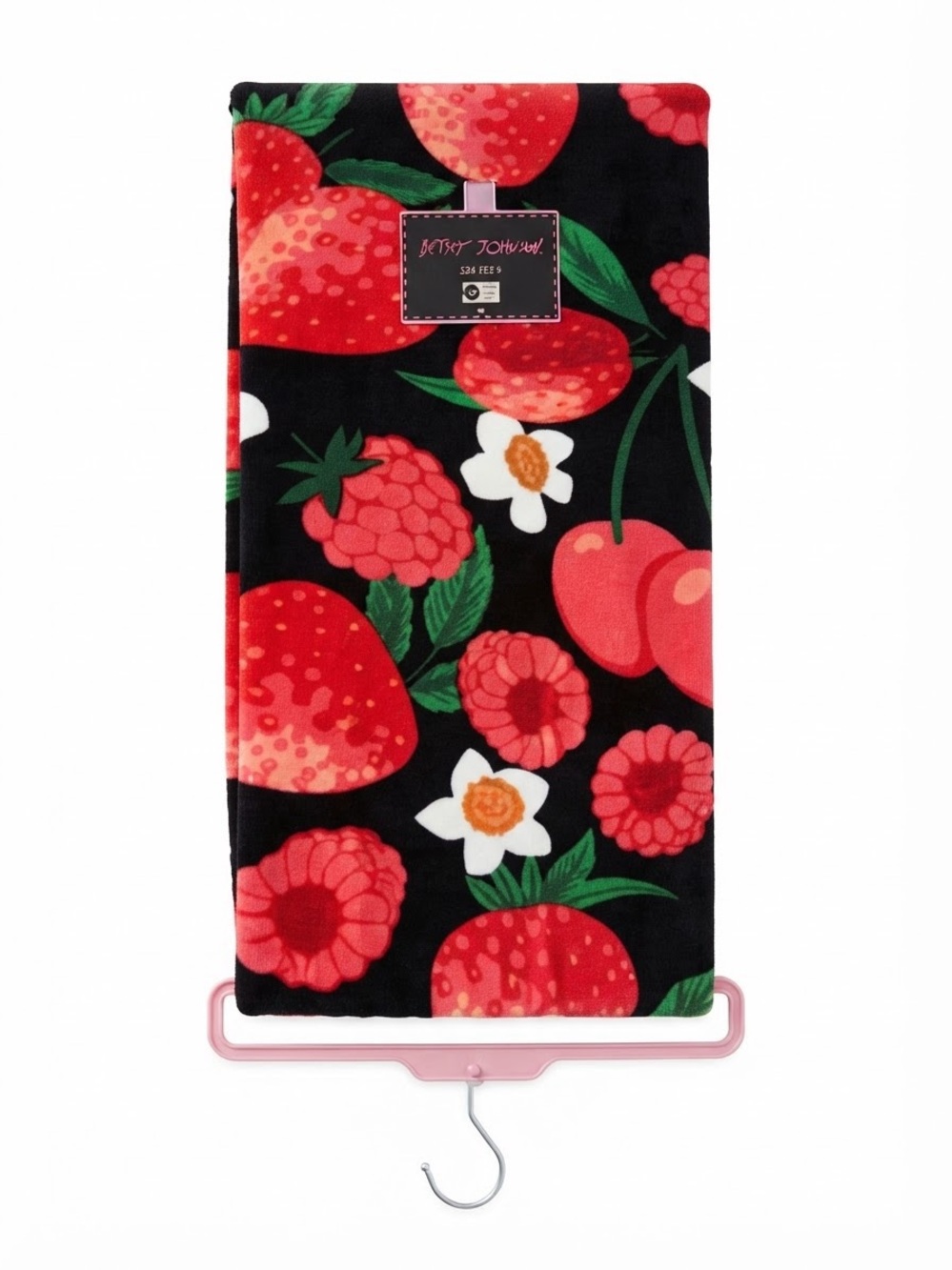 Betsey Johnson Black, Red & Green Strawberry Cherry Beach Towel 36inX72in
